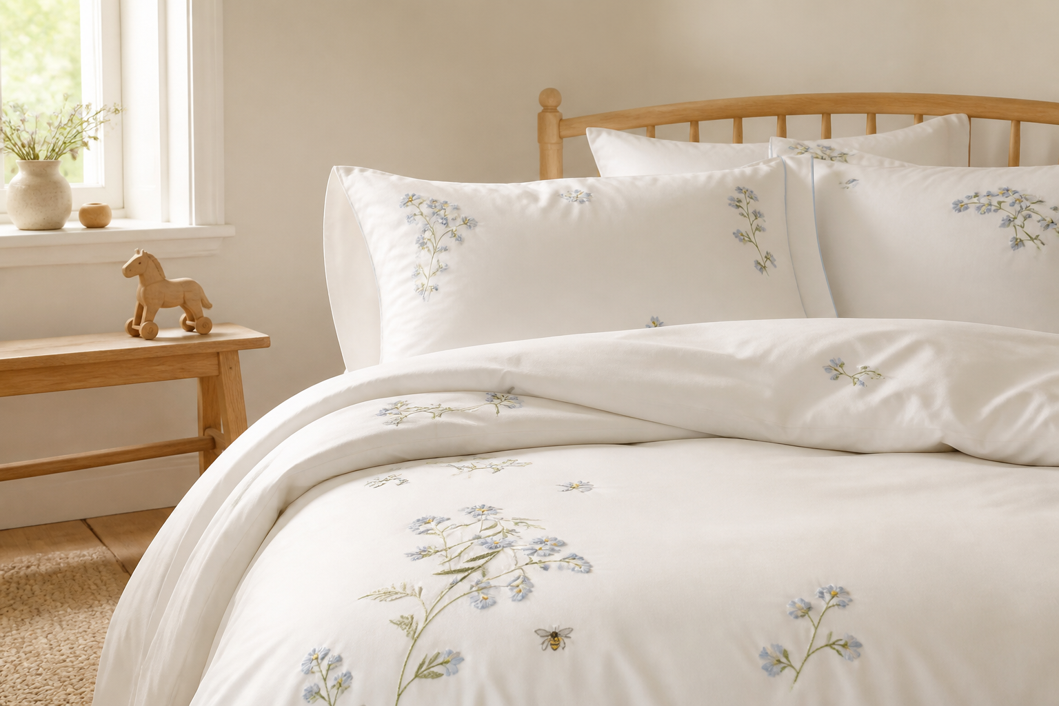 Daisy & Bee: Hand-Embroidered Cotton Percale Bed Linen Set