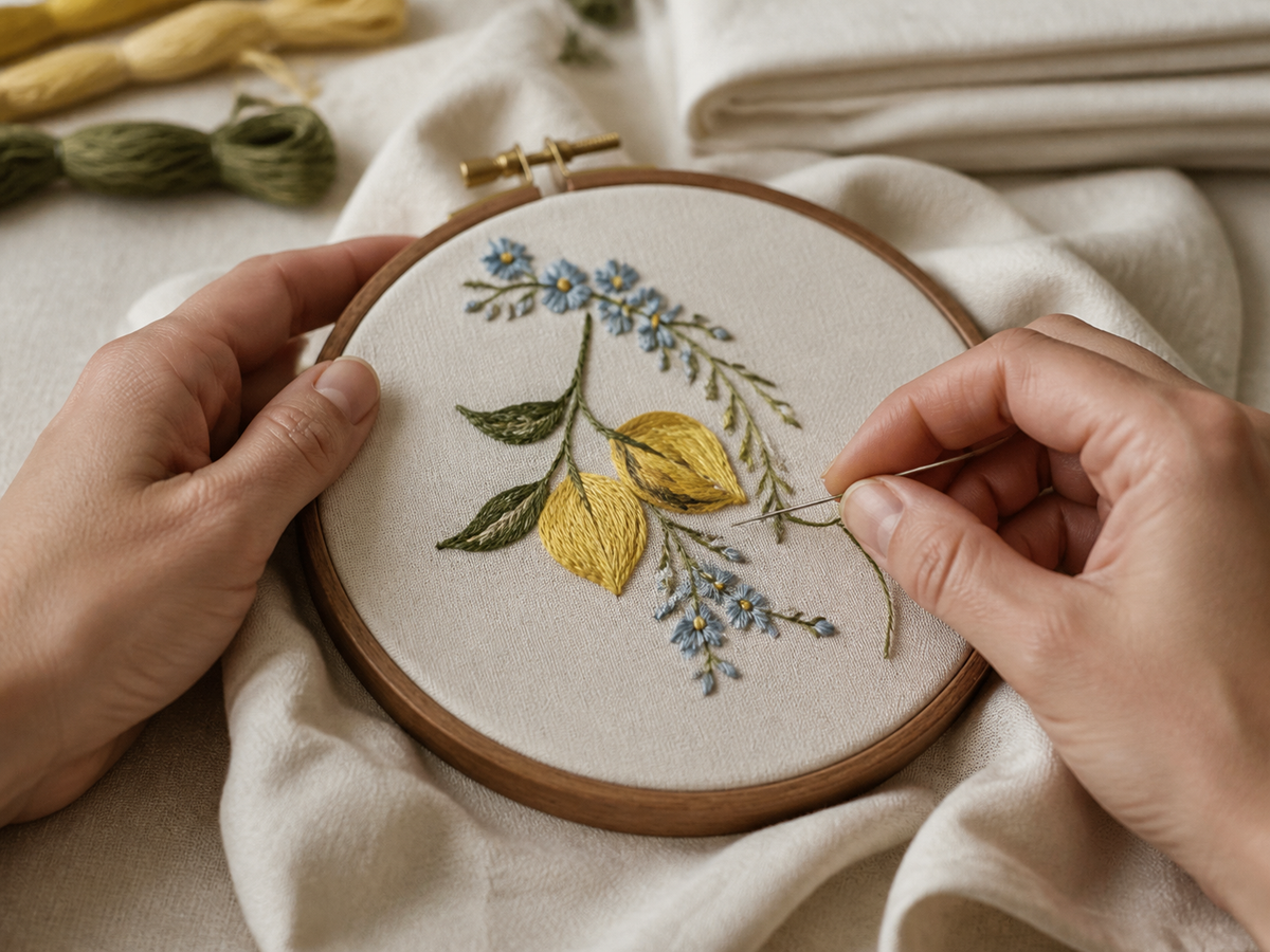 Verdant Bloom: Hand-Embroidered Cotton Sateen Bed Linen Set