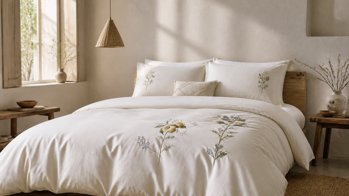 Ivory Vine: Hand-Embroidered Cotton Sateen Bed Linen Set