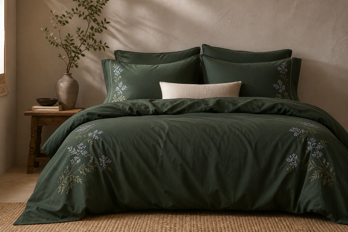 Verdant Bloom: Hand-Embroidered Cotton Sateen Bed Linen Set